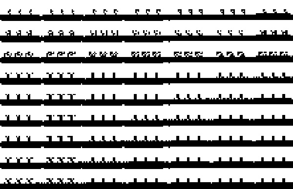 Rows of square black bits sit on a white background. Features loosely resembling plants sit on top of a black bar evoking a scene of a planter. Three of the same 'plants' are next to each other in nine rows going across the entire artwork.
