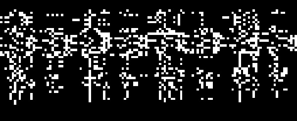 An abstract piece with a static-like splatter of white bits on a black background. Despite their arbitrariness they form shapes that may remind someone of continents, people standing next to each other, or tire tracks in the mud.