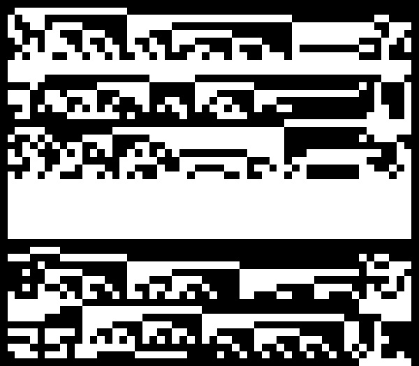 White and black feature on this piece in equal proportions. The white bits form tight circular features distributed around the piece, but never coalescing into something visible. Maybe they resemble cars on the road. Perhaps a cityscape, or rolling ocean waves.