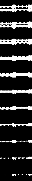 Eleven white horizontal features trace across this jet black piece that is very tall compared to its width. The features are reminiscent of sound waves, diminishing from the top highest to the most muted on the bottom wave.