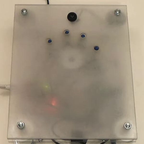 An artwork consisting of a matte piece of square plastic with a black button and small nondescript blue buttons arranged in a small arc.