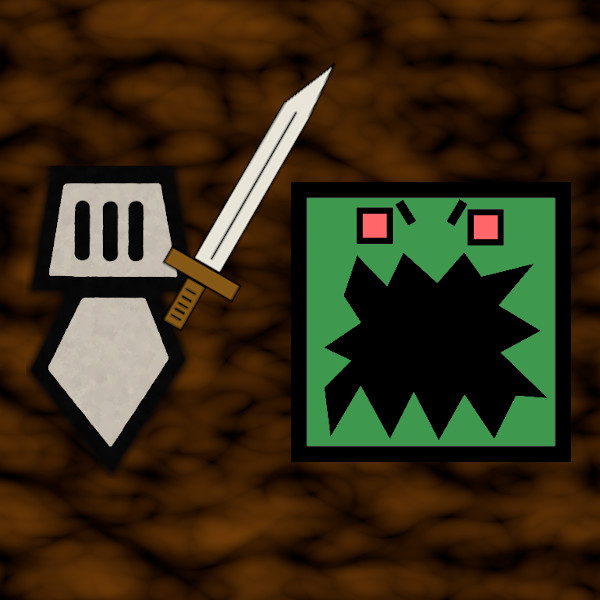 A cartoon knight, with a very simple, blocky and triangular style holds a sword. The knight's sword is coming down on a square, blocky green enemy with red eyes and a giant tooth filled mouth.