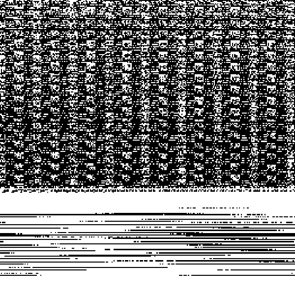 A bit art piece, a static-like bit filled misty portion sits above horizontal lines on a white background, evoking a body of water.