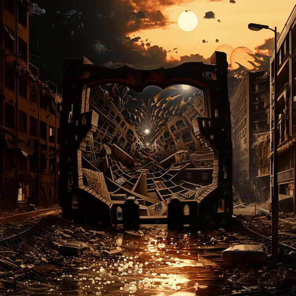 A distorted, angular stone arch surrounded by broken buildings with a dark orange sun in the background. Inside the arch, a surrealist image of twisting buildings twisting around the entire image.